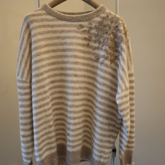 Brunello Cucinelli Sequins Sweater Beige Tan Stripe Alpaca Blend New Tag Size XL - Picture 1 of 9